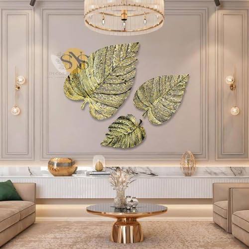 Image of SNS DECOR Luxury Metal Abstract Figures Leaf Wallart Set of 3 Handcrafted Wall Sculpture Wall Art Multicolor For Home Decoration (Brass Antique)