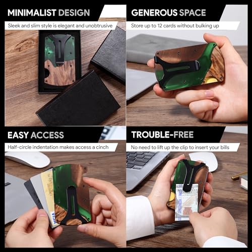 Image of Wallet for Men, Minimalist Slim RFID Blocking Resin Wood Credit Card Holder with Money Clip, Easily Removable Cash&Card Metal Wallet,Resin River,Natuarl Walnut Wood,Unique Pattern,Gift for Men