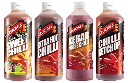 Juego de salsa de mesa de chile extra caliente – Ketchup, chile extra caliente, chile kebab House Chilli, chile dulce estilo caribeño, cruciales selección extra picante 4 botellas grandes de 500 ml
