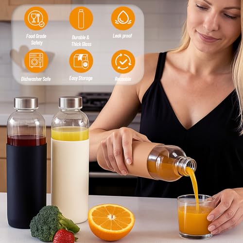 Luxfuel 18 oz Glass Juice Bottles with Lids and Silicone Sleeve, 6 Pack Reusable Clear Glass Water Bottles with Stainless Steel Cap for Juicing, Refrigerator,100% Leak Proof, BPA Free Drinking Bottle - Thumbnail 3