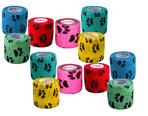 2 Inch Vet Wrap Tape Bulk (Black Paw Prints on Yellow, Red, Teal, Blue, Neon Green, and Neon Pink) (Pack of 24) Self Adhesive Adherent Adhering Flex Bandage Grip Roll for Dog Cat Pet
