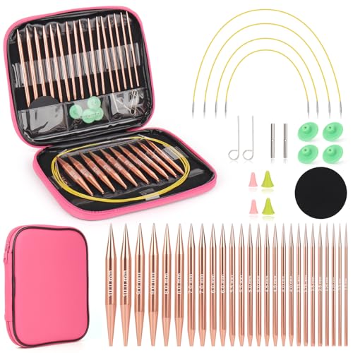 Coopay Juego de Agujas Circulares Intercambiable, 3,0-10,0 mm, Agujas de Tejer Intercambiables, Aguja Circulares con Bolsa de Almacenamiento, 13 pares de Aguja Circulare Intercambiables (Oro Rosa)