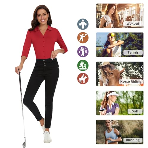 Image of Soneven Womens Golf Polo Shirts 3 /4 Long Sleeve V Neck Button Down Shirts Business Causal Work Blouses Tops