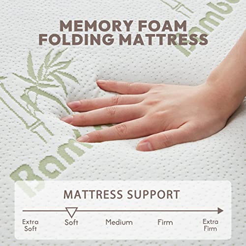 SINWEEK Memory Foam Folding Mattress, 4 Inch Foldable Trifold Mattress Topper, CertiPUR-US Certified Guest Bed with Cooling Cover & Waterproof Lining