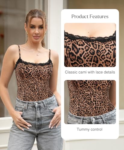 Image of Popilush Lace Body Suits Women - Square Neck Sleeveless Thong Bodysuit Tummy Conotrol Double Lined Camisole Tank Tops
