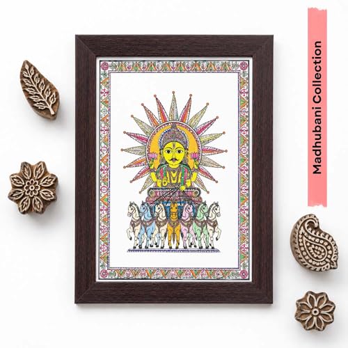 Image of PAPER PAJAMA Surya Dev 7 Horse Wall Art for Living Room | Madhubani Sun God Painting with Seven Horses | Traditional Mithila Religious Framed Decor for Home, Office & Pooja Room (10x13 Inches)