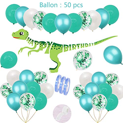 54pcs Dinosaur Birthday Party Deco Blue for Boys Set:1 bannière de guirlande joyeux anniversaire,40 latex à l'hélium ballons &10 ballon à confettis turquoise pour 1.3.5.7.9. Kids - Dino Party Supplies