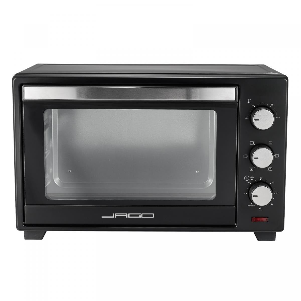 Jago® Mini piekarnik – z termoobiegiem, oświetlenie wewnętrzne, elektryczny, 30 l, 5 trybów gotowania, 1600 W, timer, 100-230°, podwójne drzwi, czarny – elektryczny