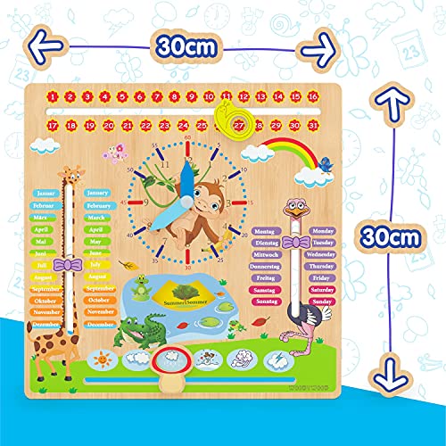 WoodyWood® Kalenderuhr für Kinder - Lernuhr aus Holz, zweisprachig, 30 X 30 cm - Montessori Jahresuhr zum Lernen der Uhrzeit, dem Datum, der Wochentage, Monate, Jahreszeiten und des Wetters