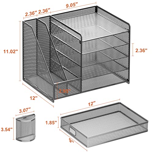 Image of Marbrasse 5-Tier Paper Letter Tray Organizer with Drawer and Pen Holder, Mesh Desktop Organizer and Storage with Magazine Holder for Office Supplies (Grey)