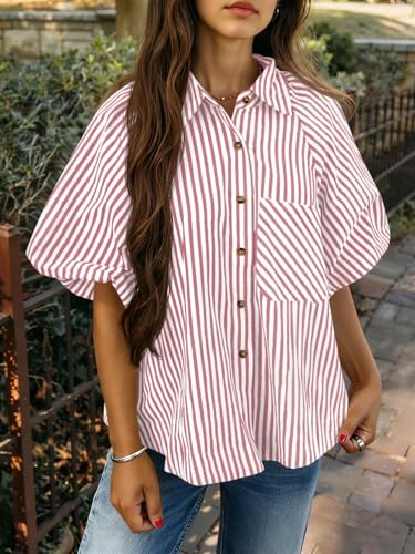 Image of Tankaneo Womens Short Puff Sleeve Button Down Shirts Striped Trendy Casual Loose Fit Blouse V Neck Collared Tops