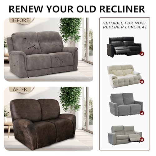 Image of ANARACHON Leather Look Loveseat Recliner Covers Stay in Place 6-Piece Recliner Sofa Slipcover 2 Seater Reclining Couch Cover Furniture Protector Spandex Fabric Washable (Recliner Loveseat, Brown)