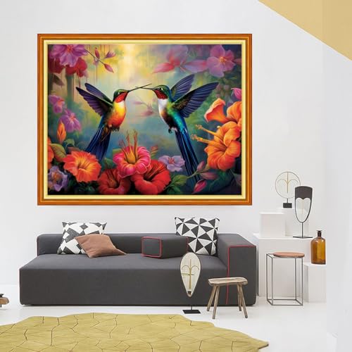 Image of Foxhool Stamped Cross Stitch Kits,11CT Printed Cross Stitch Pattern Full Embroidery Kits for Beginner Needlepoint Kits-Hummingbirds Collect Honey 16x20 inch