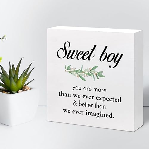 Miniatura 5 de Letrero de madera con texto en inglés "Sweet Boy You are More Than We Ever Expected", con cita inspiradora, caja de madera, placa para niños,