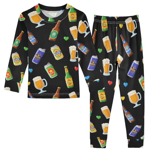 Pajama Sets Long Sleeve Beer Bottles and Glasses Pattern Soft Comfy Sleepwear 2 Piece PJS 3-8T