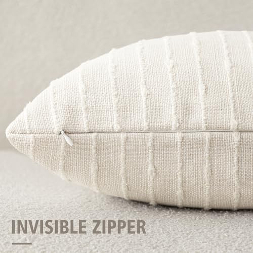 Image of Foindtower Pack of 2 Decorative Jacquard Boucle Throw Pillow Covers Accent Textured Striped Pillowcases Soft Boho Modern Cushion for Couch Sofa Bedroom Living Room Home Decor 22x22 Inch Cream White