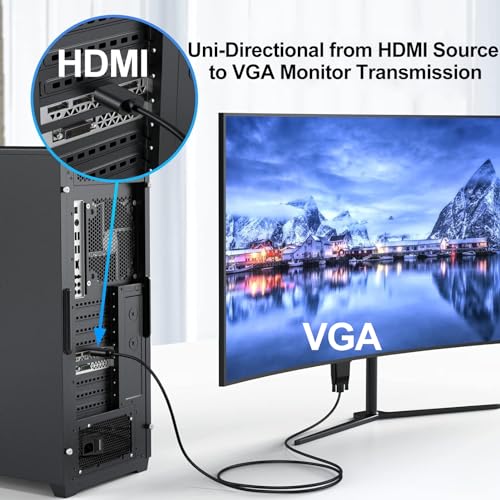 Image of HDMI to VGA Cable 6 Feet, HDMI to VGA Adapter (Male to Male) 1080P HD Video Cord Compatible for Computer, Desktop, Laptop, PC, Monitor, Projector, HDTV and More (NOT Bidirectional, 1.8M)