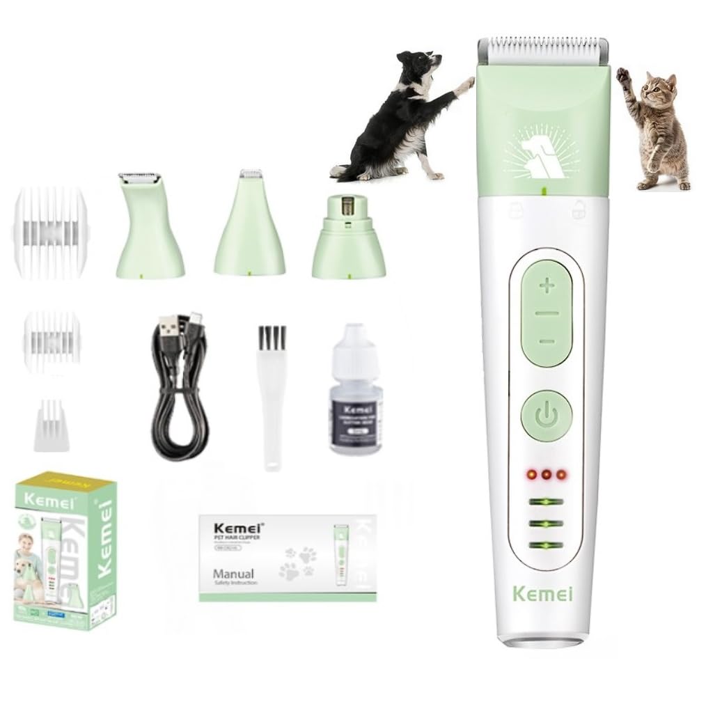Kemei KM-CW2105 Kit de Toilettage 4 en 1 sans Fil, Lames en Céramique, Charge Rapide, Faible Bruit, pour Chiens et Chats