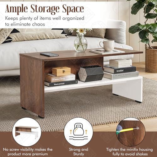 Image of ABOUT SPACE Coffee Table - Portable Wooden Centre Table with Open Partition Storage - DIY Furniture - Sofa Tea Poyee for Living Room, Home, Office (White & Walnut - L 90 x B 40 x H 43 cm)