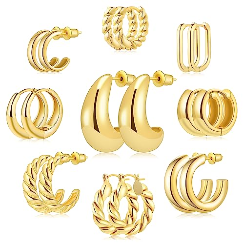 9 Pairs Gold/Sterling Silver/Rose Gold Plated Hoop Earrings Set f...
