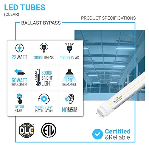 Ledmyplace 22W 4Ft T8 Led Tube Light, 3080 Lumens, 5000K Clear Blue-White, Single End Power Ballast Bypass, For Home, Shopping Mart, Garage, Factory, Workshop, Hotels, Warehouse, Pack Of 4 #TOP2
