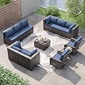 Kurapika 12 Pieces Patio Furniture Set, Rattan Wicker Sofa Set, Outdoor Conversation Sets w/Swivel Rocking Chairs Patio Sectional Sofa w/4 Inch Cushion, Navy Blue
