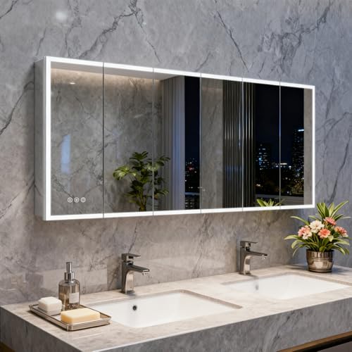 GUIQIYANG Medicine Cabinet with Lights, Bathroom LED Mirror Cabinet with Storage, Anti-Fog & 3 Color Lights, Recessed or Wall Mounted (96X40 in)