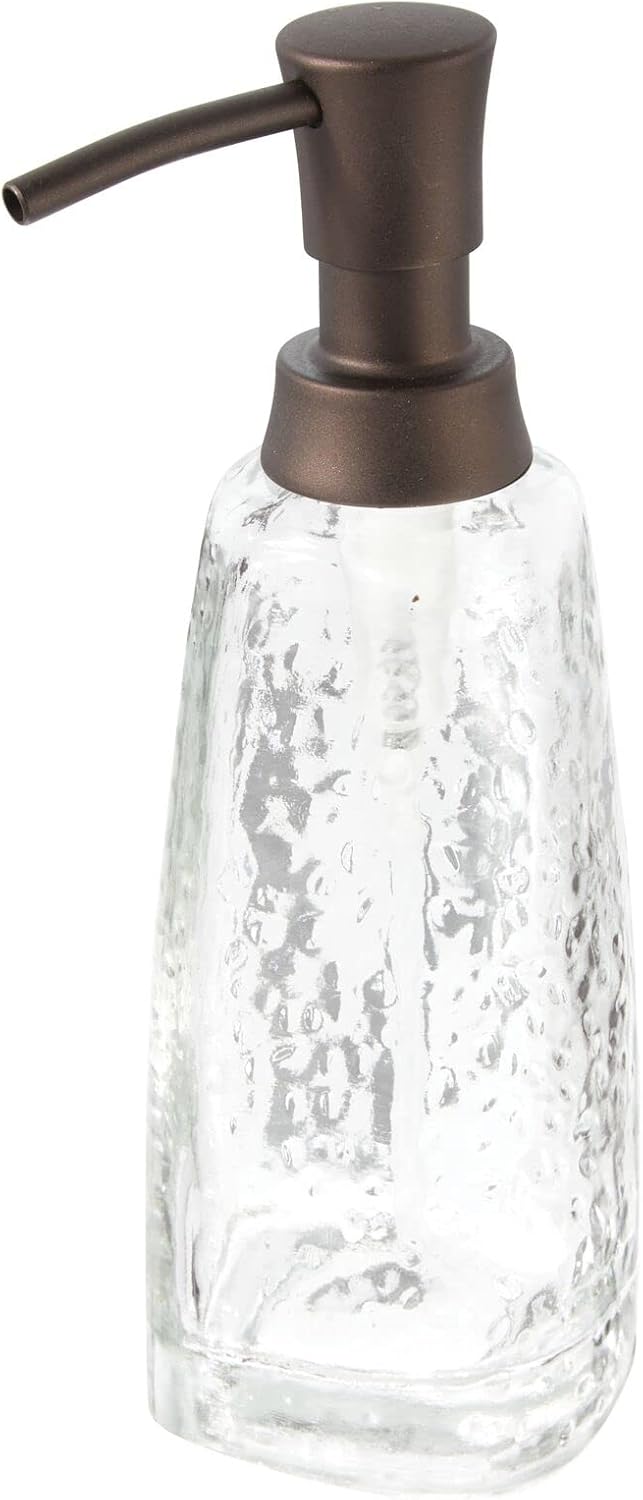 mDesign Modern Glass Refillable Liquid Soap Dispenser Pump Bottle for Bathroom Vanity Countertop, Kitchen Sink - Holds Hand Soap, Dish Soap, Hand Sanitizer & Essential Oils - White/Bronze