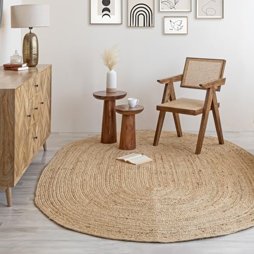HOMEMONDE Reversible Oval Jute Rug 5x8 Natural Fiber
