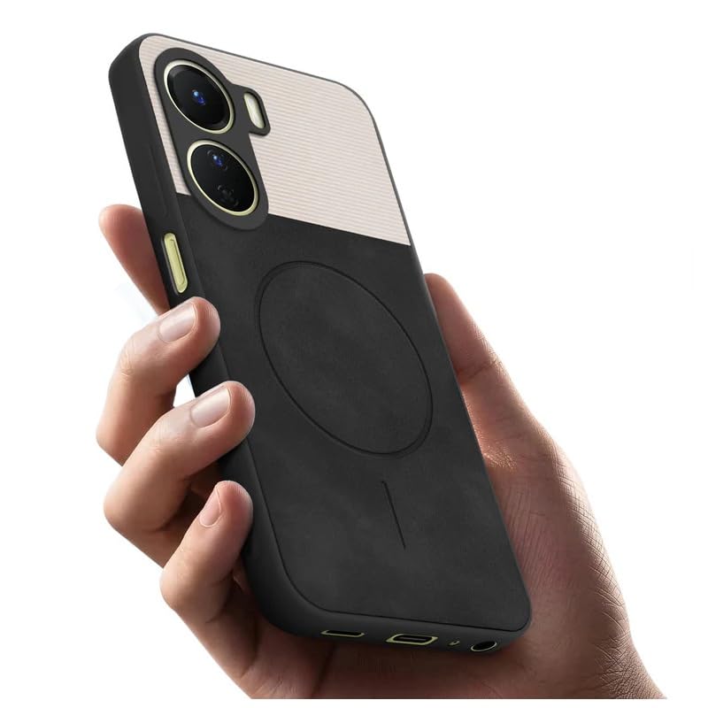Image of Bintage case Dual-Leather Macc-Safe Design Phone Case| Soft Touch Finish | Full Camera Protectection Back Cover Compatible for Vivo V2312 / T2X 5G / Y56 5G - White & Black