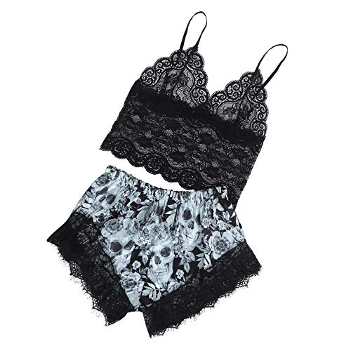 AxiBa roupa íntima de dormir de seda cetim de renda, Preto, Large