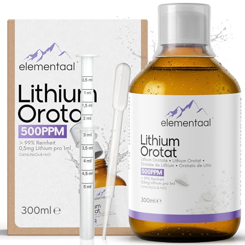 Elementaal Lithium Orotat 99 % Rein 500 PPM 300 ml | 1 ml enthält 0,5 mg elementares Lithium ⇒ 500 PPM | inkl. 30 ml Dosierbecher, 5 ml Dosierspritze, 3 ml Pipette & Infobroschüre