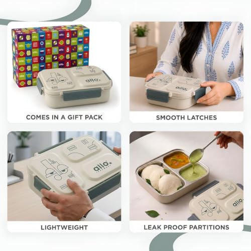 Image of Allo Bento Stainless Steel Lunch Box for Kids- BIS Approved, 304 Stainless Steel 3 Compartment Leakproof Tiffin Box for Boys and Girls for School, Travelling, Baby Snacks, 740ml Green Cool Eyes