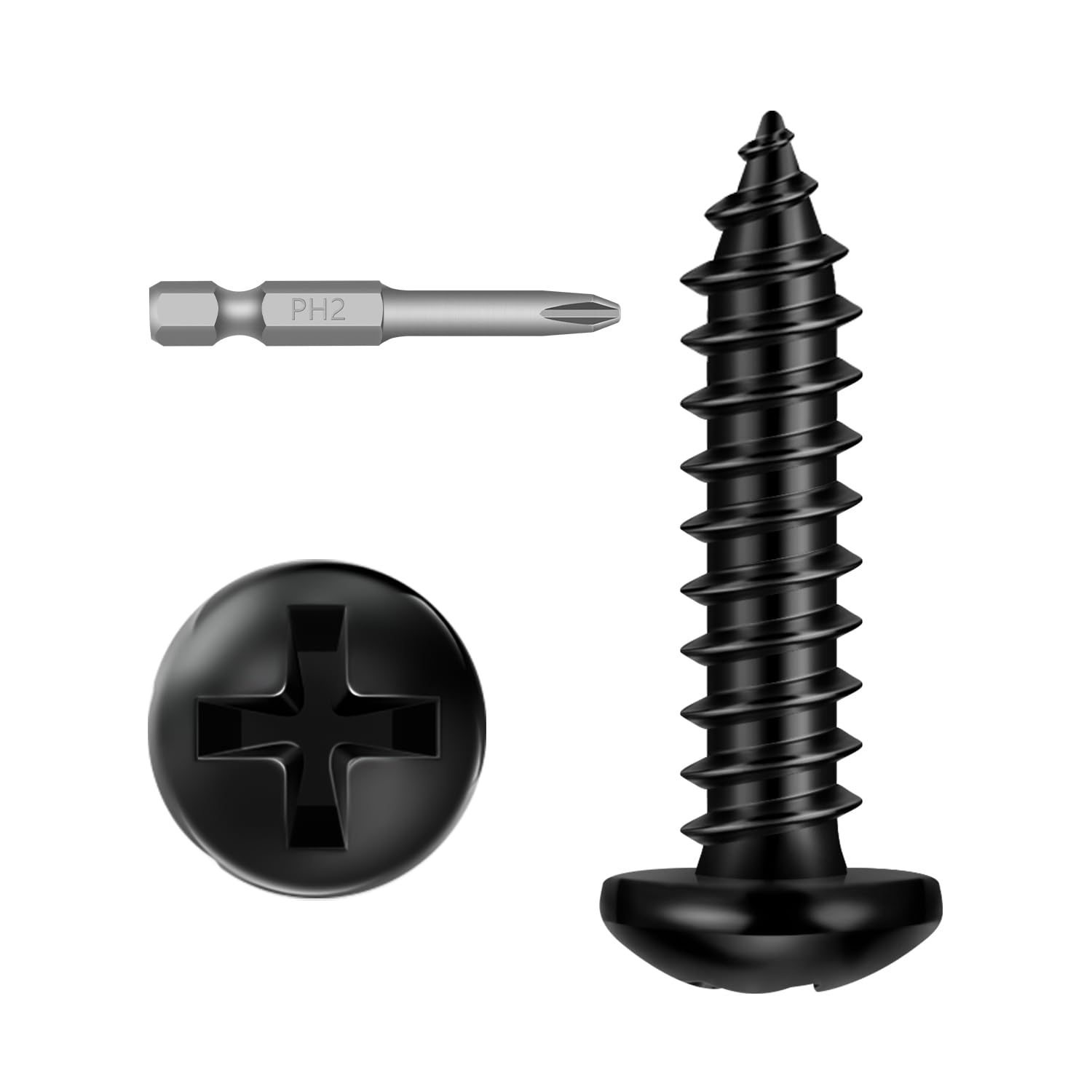#12 x 3/4" (100 PCS) Pan Head Sheet Metal Screws, Round Head Self Tapping Screw, Phillips Drive Wood Screw, Black Coating