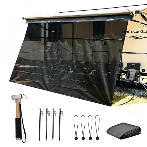 RV Awning Shade Screen with Zipper 9'X12'3'' - Black Mesh Camper Awning Shade Screen, Universal Trailer Camper RV Awning Sun Shade Screen - Comes with Ground Stake Hammer Set