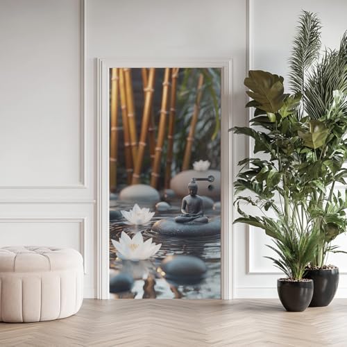 Statue de Bouddha Lotus Poster De Porte Trompe L'oeil, Pierres Lac Étang Auto-Adhésif Sticker Mural, pour Chambre Salon Cuisine Ondulation Zen Paisible...