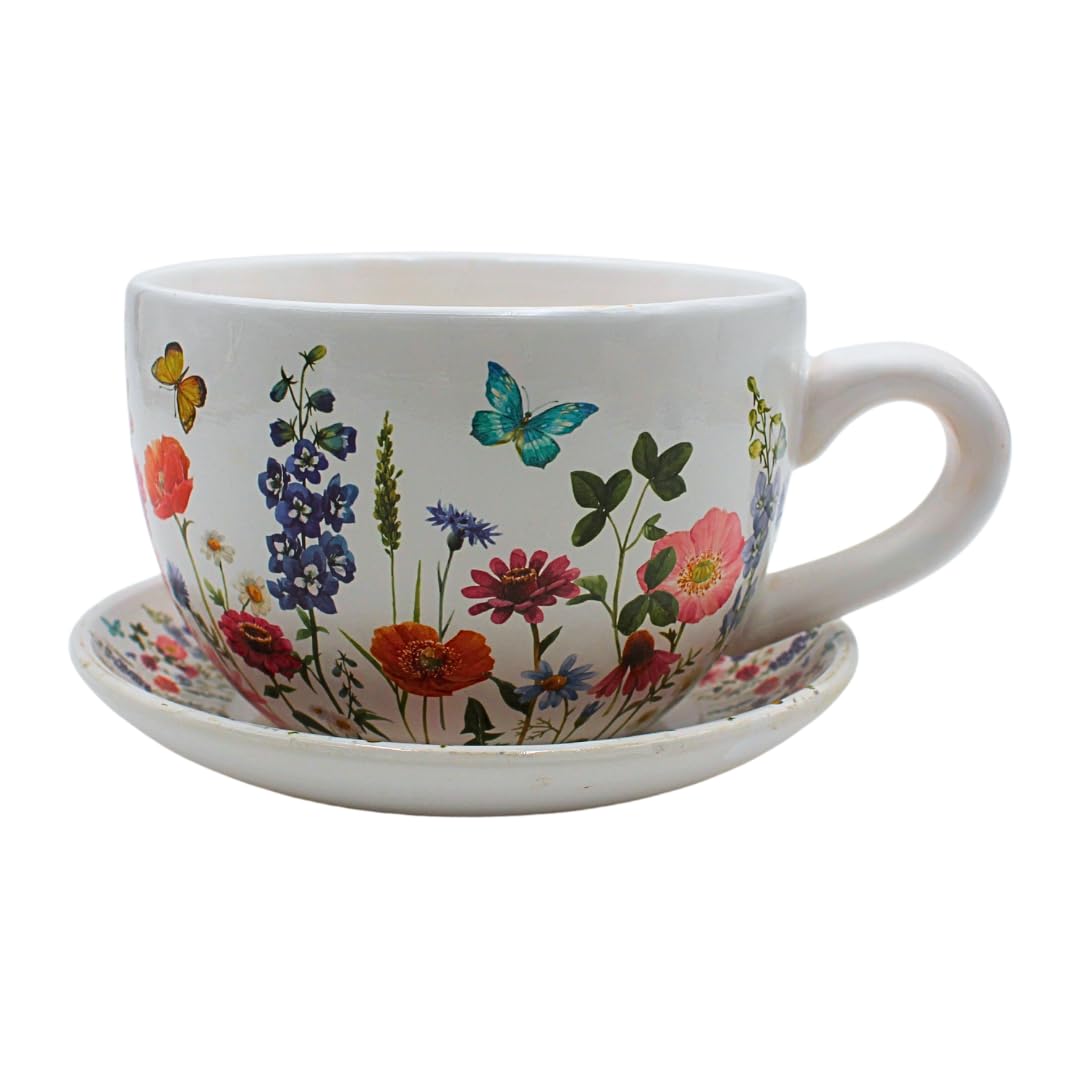 Dekohelden24 Flower Pot, Plant Cup, Planter, Planter, Cup with Ceramic Handle, Flower Meadow, L 20 x W 15 x H 12 cm