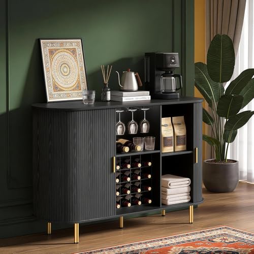 Image of DHH 55 inch Wine Bar Cabinet with Storage, Fluted Liquor & Coffee Bar Cabinet with Wine Rack and Glass Holder, Buffet Sideboard with LED Lights for Home Kitchen Living Dining Room(Black)