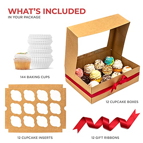 Smirly Cupcake Boxes 12 Count: Disposable Cupcake Containers 12 Count, Cupcake Holder With Lid, Cupcake Carrier, Bakery Boxes With Window, Pastry Boxes, Brown Cookie Boxes With Window Long Treat Boxes #TOP1