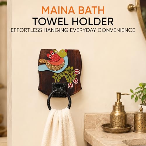 Image of Aakriti Art Creations Floral Art Wooden & Metal Towel Holder | Maina Bath Handcrafted | Matte Finish Multicolor Wall Mounted Holder for Bath & Wash Area