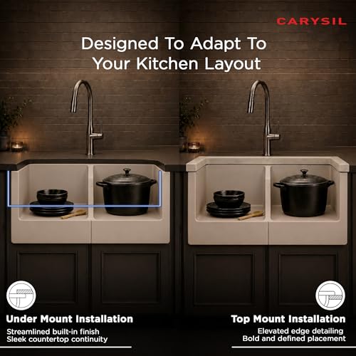 Image of Carysil DOLCE UK Quartz Kitchen Sink 34 x 20 x 8 inches, Single Bowl, 80% Quartz & 20% Resin, Heat Resistant 300C, 50kg Load, Scratch & Stain Resistant, Granite Sink, 304 SS Coupling - Whisper Grey