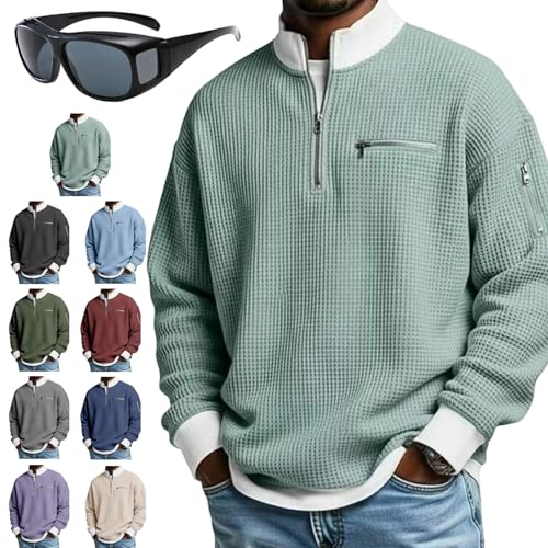 2026 Mens Casual Fashion Up Collar Contrasting Zipper Sweatshirt Waffle Shirts Quarter Zip Loose Pullover Tops