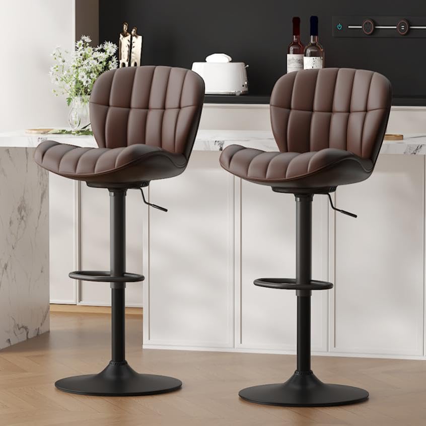 Ckaff Bar Stools Set of 2, Adjustable Faux Leather Upholstered Swivel Bar Stools, Counter Height Bar Chairs with Backrest and Footrest for Kitchen Island Living Room Dining Room Bar, Brown