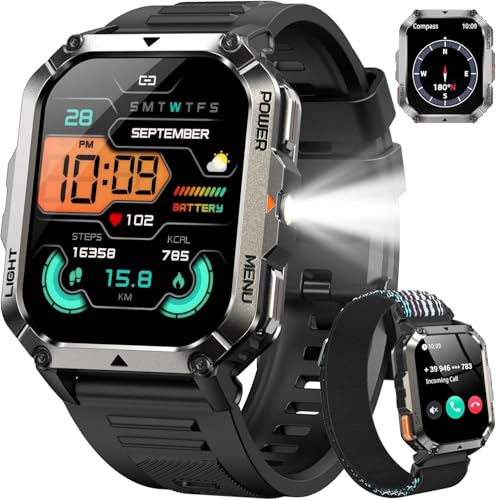 IOWODO Smartwatch Uomo Militare 2.01' con Chiamate Bluetooth, Batteria 900mAh, Torcia LED, Bussola,...