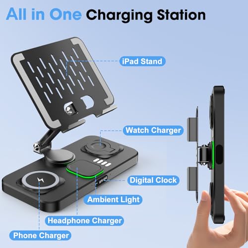 6 in 1 Wireless Charger for Apple Multiple Devices, Charging Station with Clock &7 Color Ambient Light, Foldable Rotate Stand for iPad, for iPhone17/16/15 Series, Support for Apple Watch11/10 AirPods4