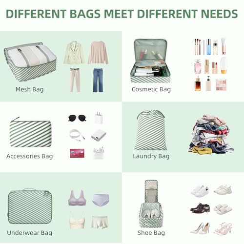 Image of BAGAIL 8 Set Packing Cubes Luggage Packing Organizers for Travel Accessories-White and Matcha Stripe