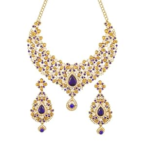 Touchstone Indian Bollywood Traditional Rhinestone Bridal Designer Jewelry Necklace Set for Women in Antique Gold or White Tone.