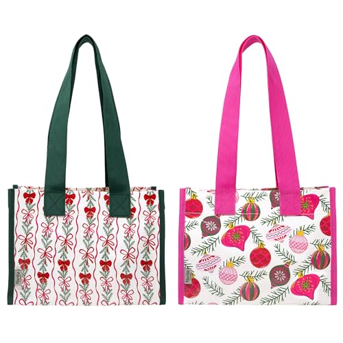 Martha Stewart Conjunto de 2 bolsas de compras ecológicas reutilizáveis e resistentes à água, sacolas de compras com alças de ombro longas, conjunto de sacolas de presente ou supermercado (ornamentos
