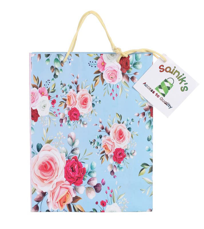 Image of SAINIK'S - ACCESS TO QUALITY Light Blue Flowers Design Paper Bags /Gift Bag, Goodies Bag, Promotional Bag For Wedding Pack of 20 (25 X 20 X 8) CM ,746 gram