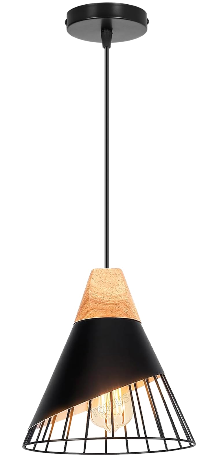 Suspension Luminaire Moderne Industrielle Bois Lustre Abat-jour Métal Vintage forme Cage Ø25cm Plafonnier E27 Design pour Cuisine Chambre Salon